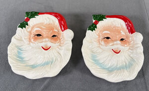 Vintage Brinn's Ceramic Santa Wall Plaque Ornaments Set of 2 Japan mid Century
